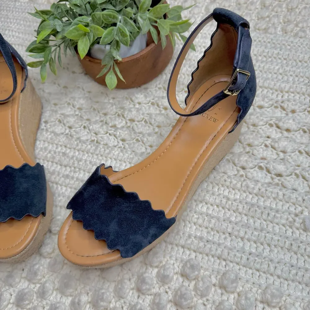 J. CREW Women's 10 Suede Leather Scalloped Flatform Espadrille Shoes Navy Tan
